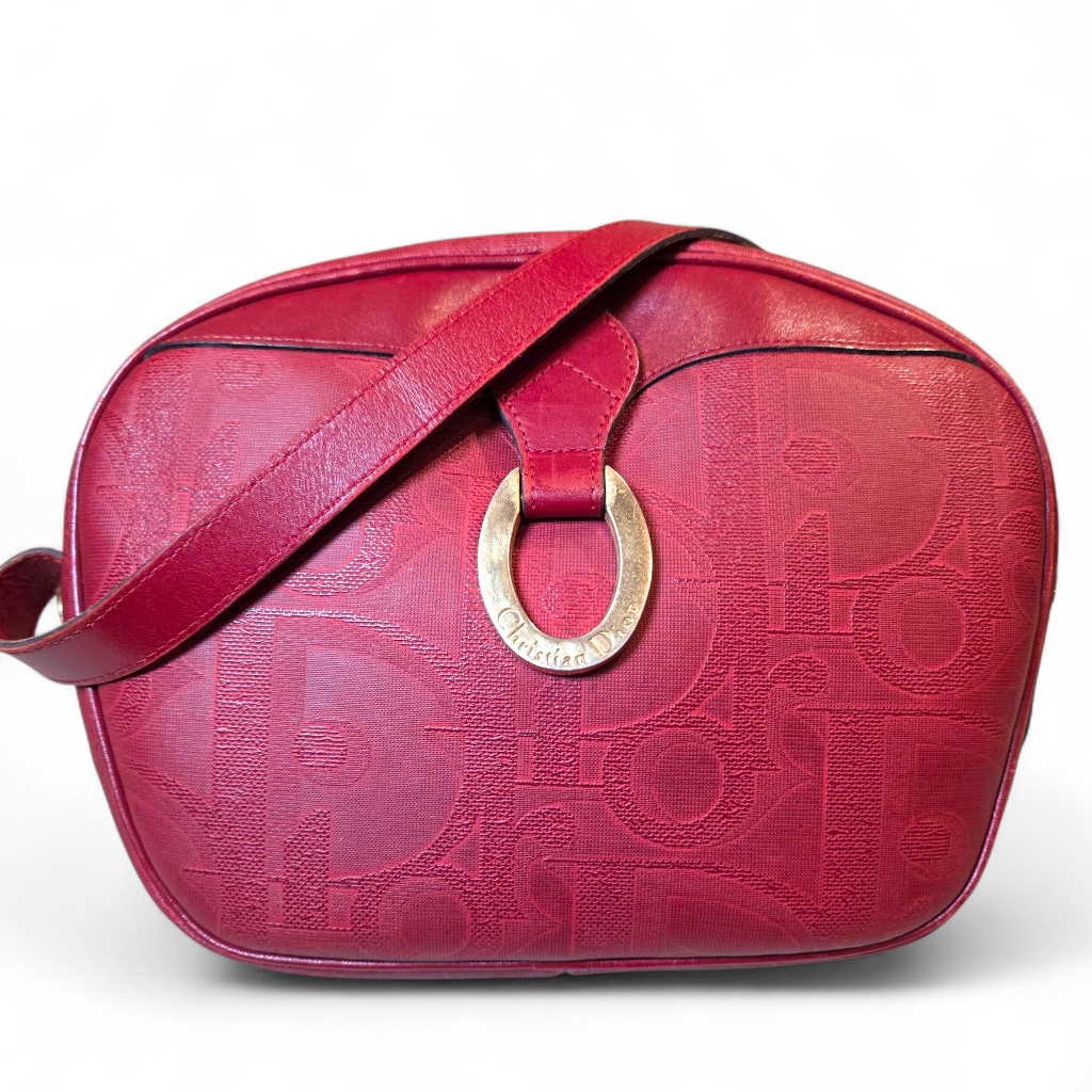 Dior Red Crossbody Bag With Gold Tone Ring Detail